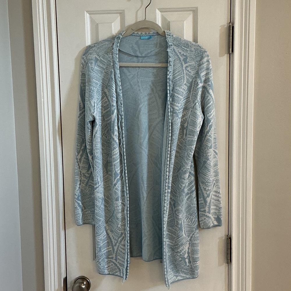 J. McLaughlin Powder Blue & White Patterned Cardigan w/ Fringed Trim